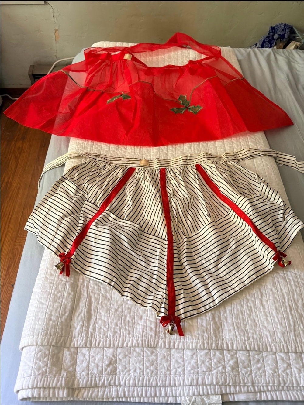 Vtg Apron Red Organza & Striped Bells NEW Christmas Holiday Lot of 2